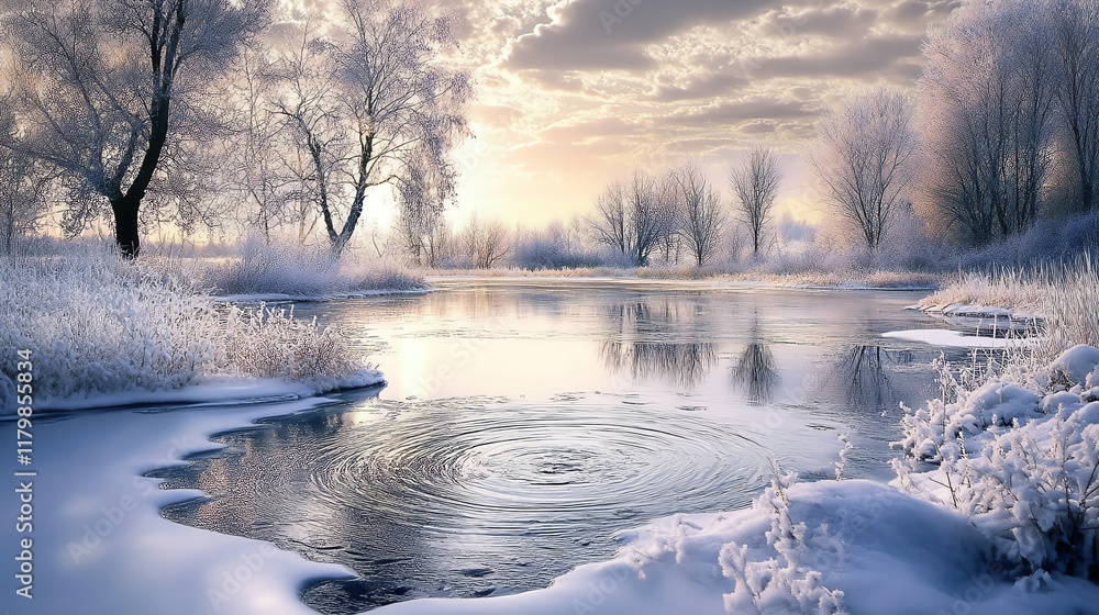 Serene winter landscape with snow-covered trees reflecting on a still water surface. Serene winter landscape with snow-covered trees reflecting on a still water surface.