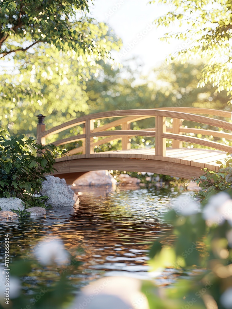 Tranquil wooden bridge over stream nature setting scenic view peaceful environment zen concept Tranquil wooden bridge over stream nature setting scenic view peaceful environment zen concept