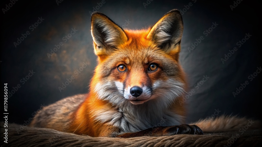 Majestic Red Fox Close-Up: Vibrant Fur, Intense Gaze, Dark Studio Background - Drone Photography Style Majestic Red Fox Close-Up: Vibrant Fur, Intense Gaze, Dark Studio Background - Drone Photography Style