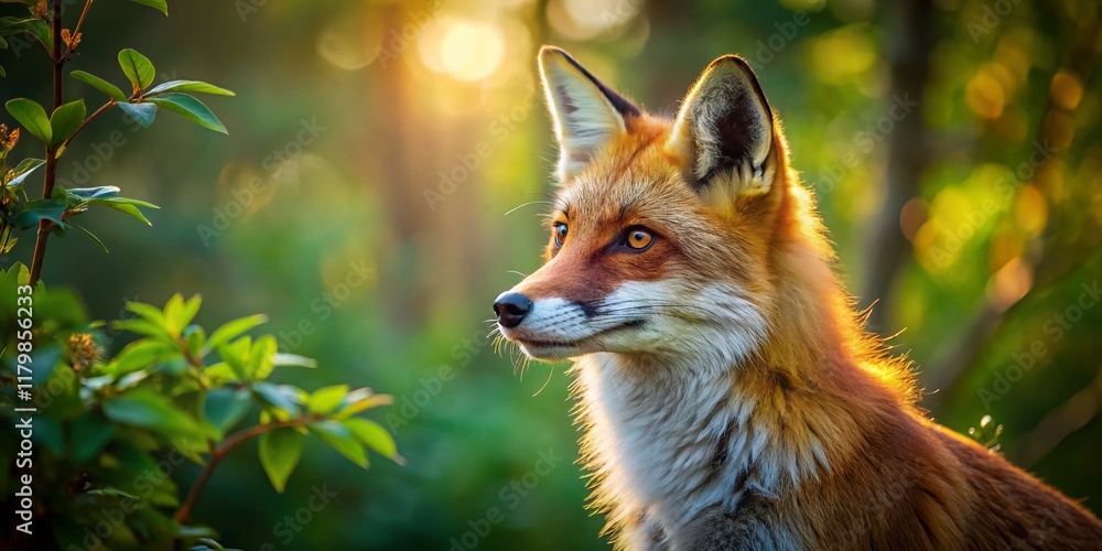 Fototapeta premium Majestic Red Fox in Forest, Right Side Composition, Copy Space for Text