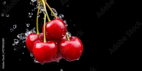 Red cherries plummeting into dark water creating elegant ripples, concept, juicy, food