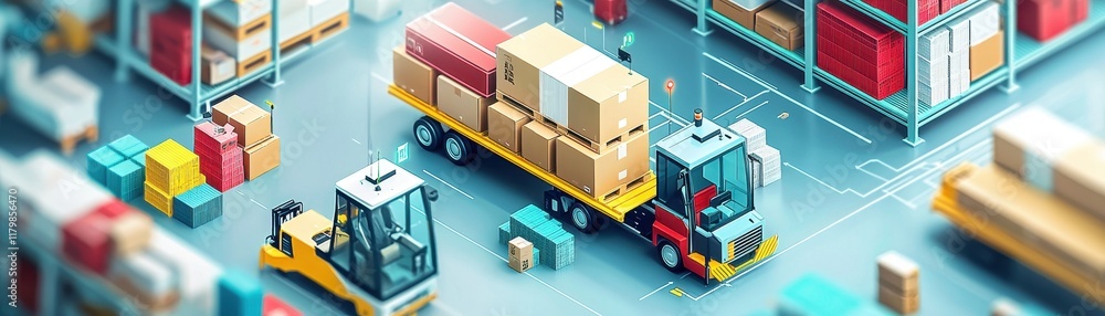 Fototapeta premium Colorful Illustration of Warehouse with Forklifts Moving Boxes in a Busy Logistics Environment