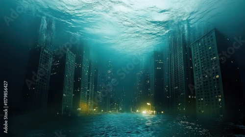 Submerged city, urban flooding, disaster, underwater skyscrapers, dark, ominous, rising water, submerged street,  coastal flooding,  disaster scene,  environmental crisis,  climate change,  future,  a photo