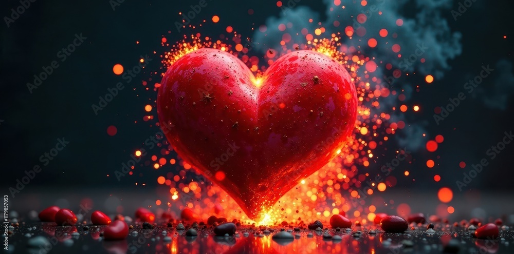 Red heart-shaped bomb explodes in mid-air with sparks flying from fuse, bomb, sparks Red heart-shaped bomb explodes in mid-air with sparks flying from fuse, bomb, sparks