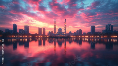 Vibrant sunset reflecting on mosque & city.