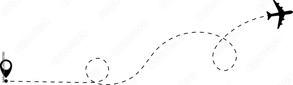 Airplane line path vector icon of air plane flight route with start point and dash dotted line trace. Love travel route. Airplane routes. Travel vector icon. Airplane line path vector icon of air plane flight route with start point and dash dotted line trace. Love travel route. Airplane routes. Travel vector icon.