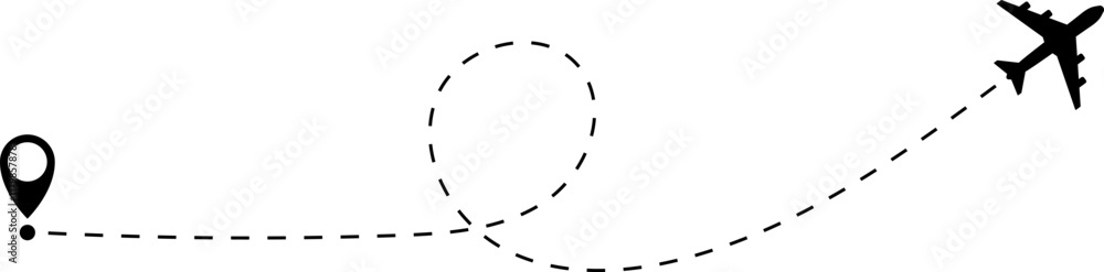 Airplane line path vector icon of air plane flight route with start point and dash dotted line trace. Love travel route. Airplane routes. Travel vector icon. Airplane line path vector icon of air plane flight route with start point and dash dotted line trace. Love travel route. Airplane routes. Travel vector icon.