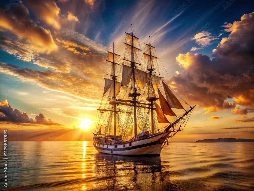 Fototapeta premium Majestic Sailing Ship at Sunrise: Golden Hour Documentary Photography