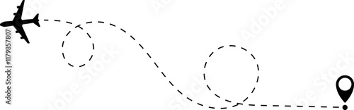 Airplane line path vector icon of air plane flight route with start point and dash dotted line trace. Love travel route. Airplane routes. Travel vector icon.