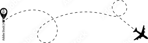 Airplane line path vector icon of air plane flight route with start point and dash dotted line trace. Love travel route. Airplane routes. Travel vector icon.