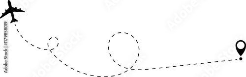 Airplane line path vector icon of air plane flight route with start point and dash dotted line trace. Love travel route. Airplane routes. Travel vector icon.