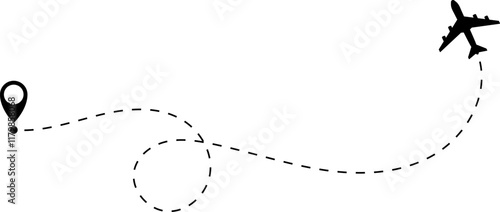 Airplane line path vector icon of air plane flight route with start point and dash dotted line trace. Love travel route. Airplane routes. Travel vector icon.