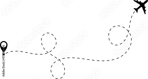 Airplane line path vector icon of air plane flight route with start point and dash dotted line trace. Love travel route. Airplane routes. Travel vector icon.