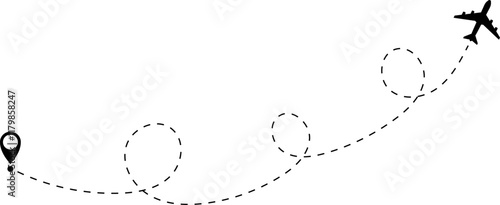 Airplane line path vector icon of air plane flight route with start point and dash dotted line trace. Love travel route. Airplane routes. Travel vector icon.