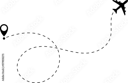 Airplane line path vector icon of air plane flight route with start point and dash dotted line trace. Love travel route. Airplane routes. Travel vector icon.