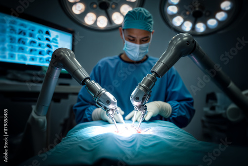 Anadvanced surgical robot concept, performing an operation, guided by a doctor in a modern operating room. Innovative medical technology showcasing the future of surgery.