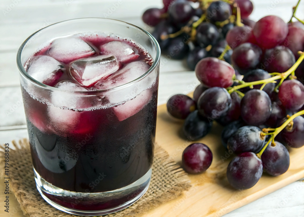 custom made wallpaper toronto digitalglass filled with a dark red liquid, likely grape juice, with ice cubes floating inside. There are also fresh grapes nearby, placed on a wooden surface.