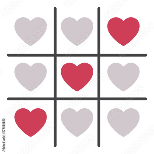 Tic tac toe or xoxo game with hearts in a grid pattern, love and fun, design in red colors with cute vector style for Valentine's Day, featuring affection and romance, isolated on a white background