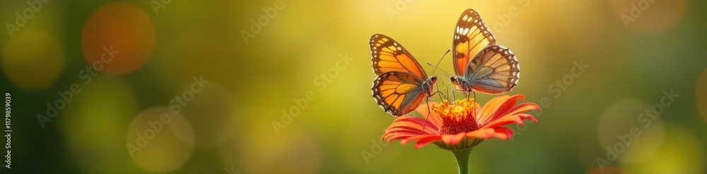 Fototapeta premium Two butterflies on a single flower in bright sunlight, their colors vibrant, bloom, nature, sun