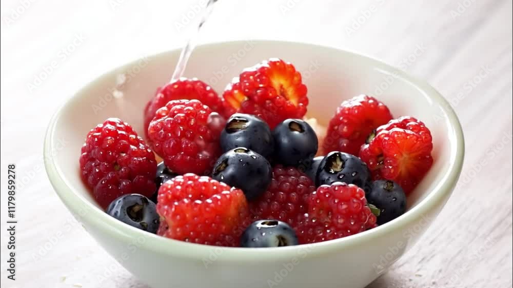 Horizontal video, fruits and berries falling into a bowl of yogurt, strawberries, blueberries Horizontal video, fruits and berries falling into a bowl of yogurt, strawberries, blueberries