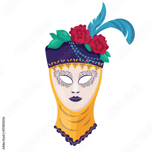 Authentic carnival mask for woman with hat decorated flowers and feather Mardi gras holiday masque in medieval style Masquerade party accessory capturing spirit of celebration Vector flat illustration