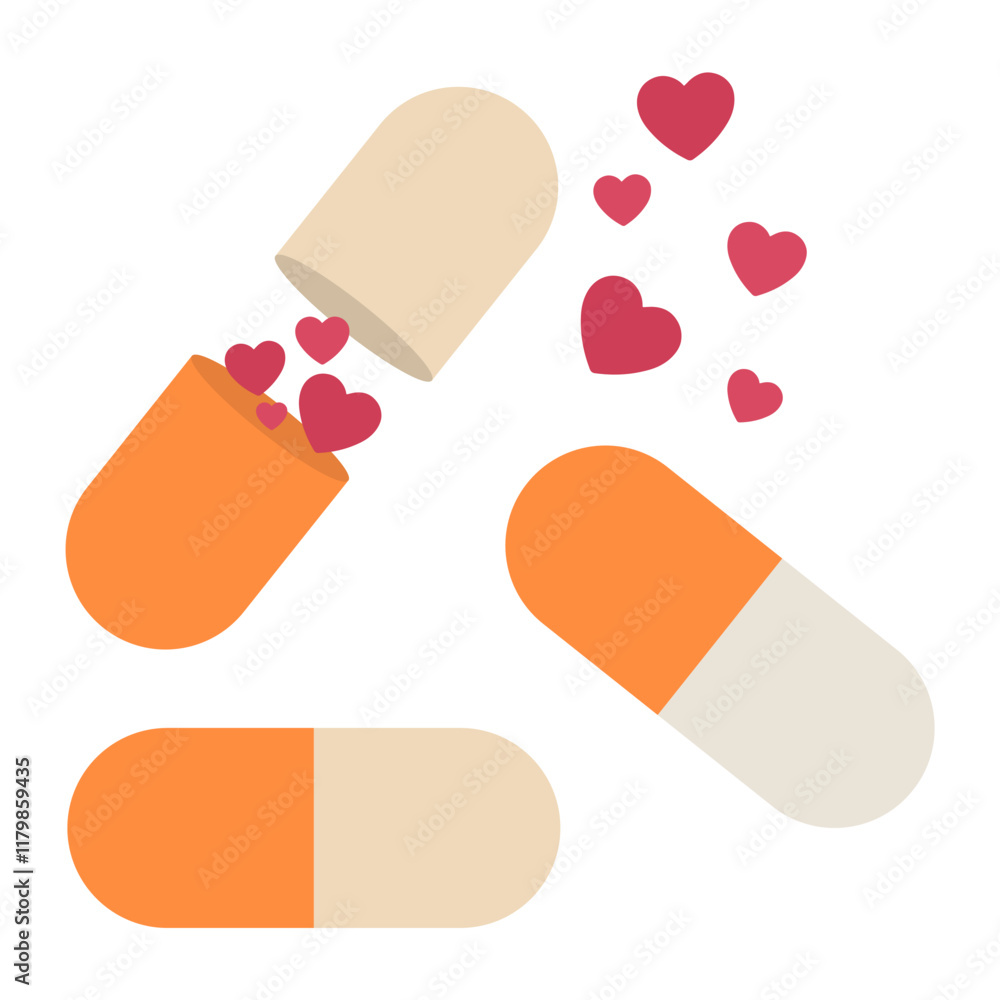 Colorful capsules with red hearts symbolize love, healthcare, and medication, minimal designs in cute vector style for Valentine's Day, romance and affection concepts, isolated on a white background Colorful capsules with red hearts symbolize love, healthcare, and medication, minimal designs in cute vector style for Valentine's Day, romance and affection concepts, isolated on a white background