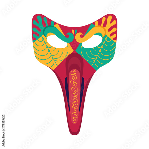 Colorful abstract carnival mask with big nose. Mardi gras holiday masque with ornament. Venetian masquerade party trendy face disguise accessory capturing spirit of celebration. Vector illustration