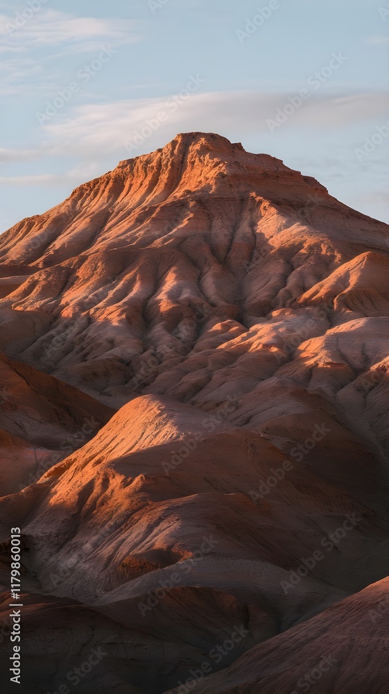 Obraz premium A photo of a majestic desert mountain with vivid red and orange hues, illuminated by sunlight. The mountain has a rugged texture, with deep cracks and crevices.