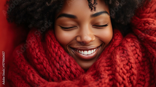 Embrace equity on multiracial Internal Women's Day. Lady African American good mood hands hug herself shoulders enjoy joyful red cloth laundry warmth toothy smile. photo