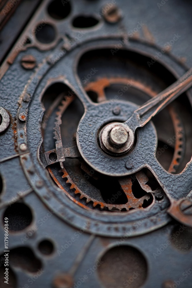 Close-up view of intricate rusty gears and metal components of antique clockwork mechanism Close-up view of intricate rusty gears and metal components of antique clockwork mechanism