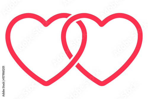 Two intertwined red hearts symbolize love and connection, minimal design in cute vector style for Valentine's Day, romance and affection concepts, isolated icon on white background