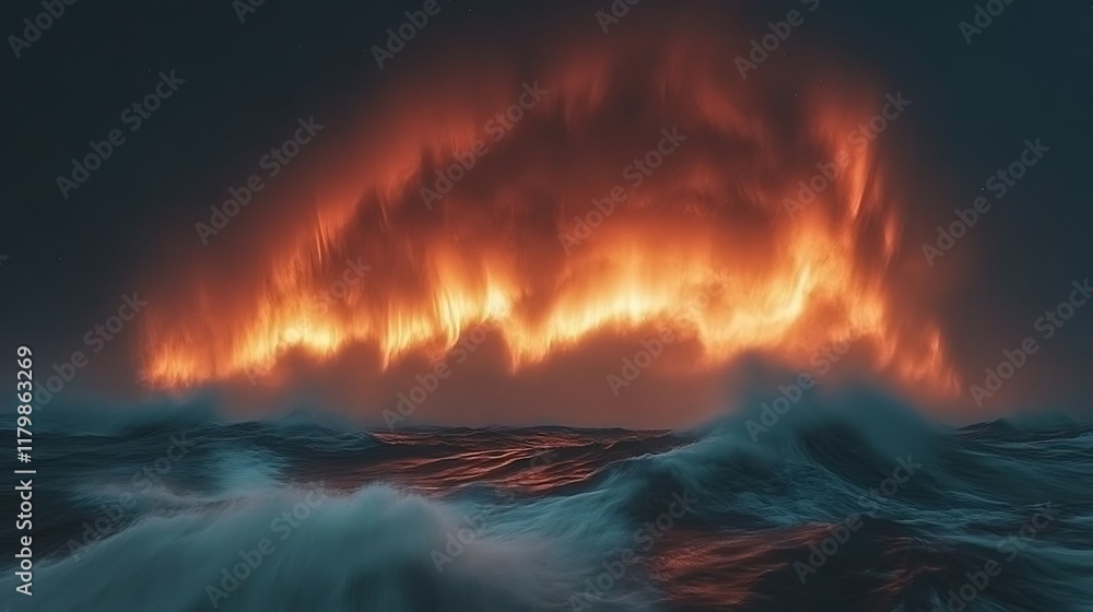 Naklejka premium Fiery Sky Over Tempestuous Ocean Waves