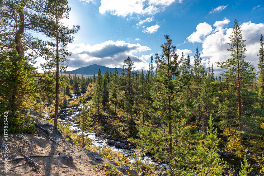 Chasnayok creek in Khibiny mountains near Chorrgor south pass. Early autumn in arctic tundra region. Kola peninsula, Murmansk region, Russia.