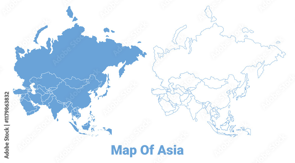Obraz premium Asia Blue map flat regions border outline vector illustration