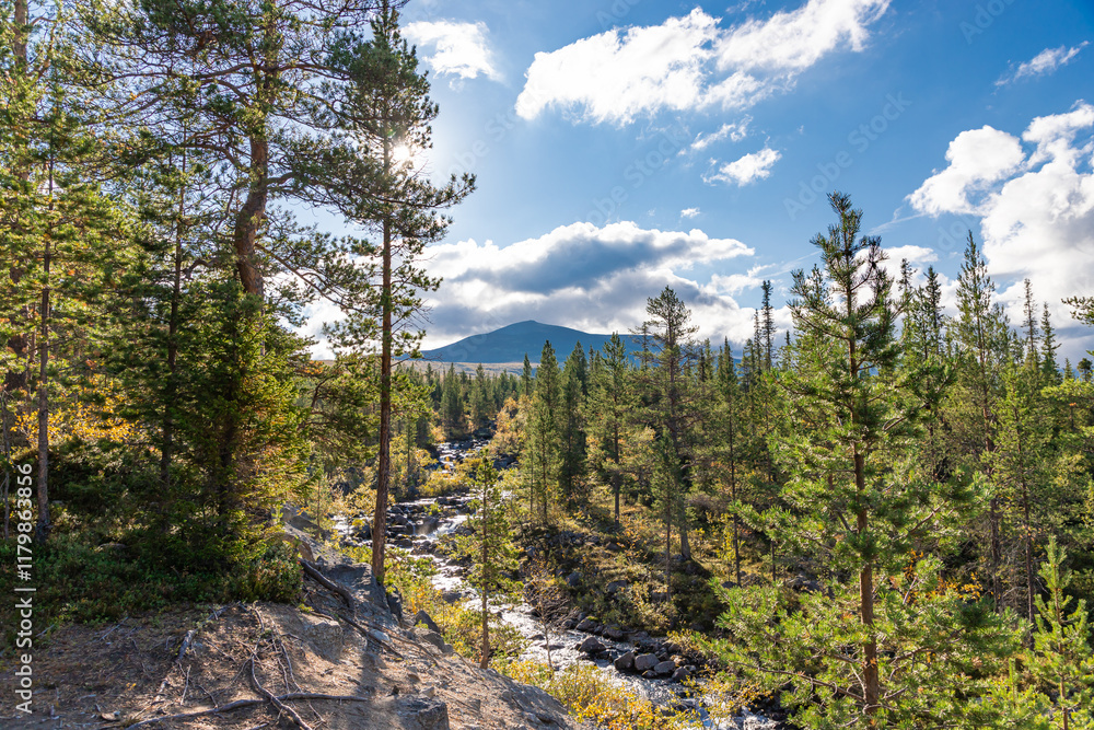 Chasnayok creek in Khibiny mountains near Chorrgor south pass. Early autumn in arctic tundra region. Kola peninsula, Murmansk region, Russia.