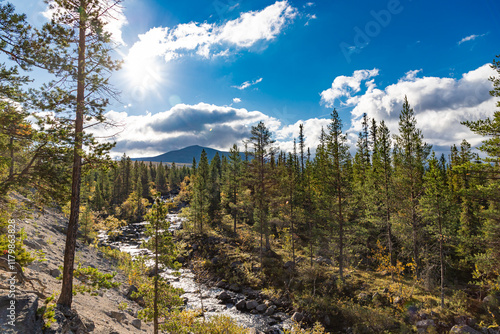Obraz na płótnie Chasnayok creek in Khibiny mountains near Chorrgor south pass. Early autumn in arctic tundra region. Kola peninsula, Murmansk region, Russia. w salonie