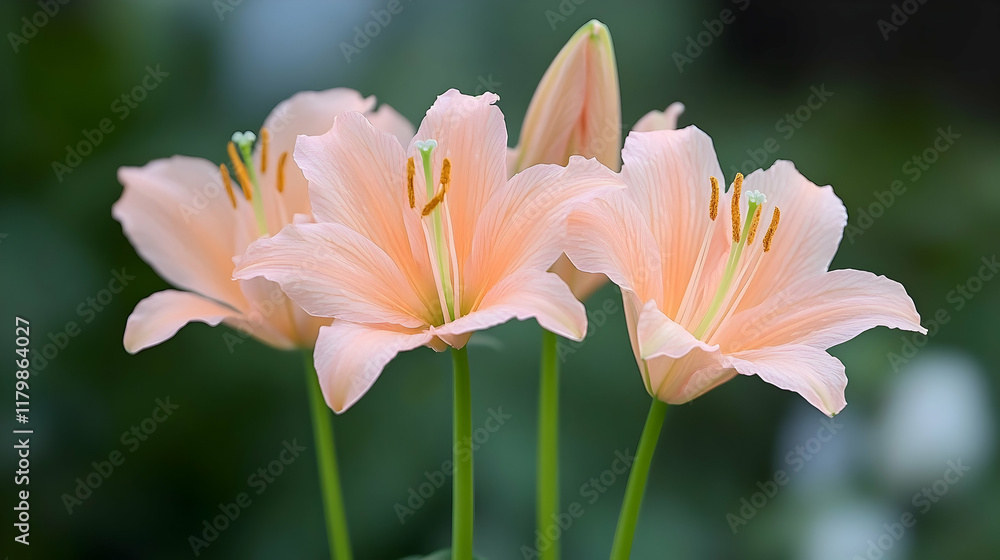 Delicate Pink Flowers Blooming in Soft Focus Against a Lush Green Background Delicate Pink Flowers Blooming in Soft Focus Against a Lush Green Background