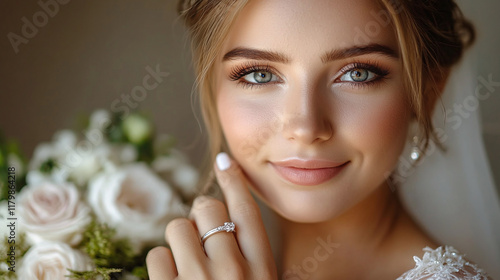 Closeup of bride, young woman with silver wedding ring on her hand finger and white nails, wearing white bridal dress. marriage engagement ceremony, married wife.