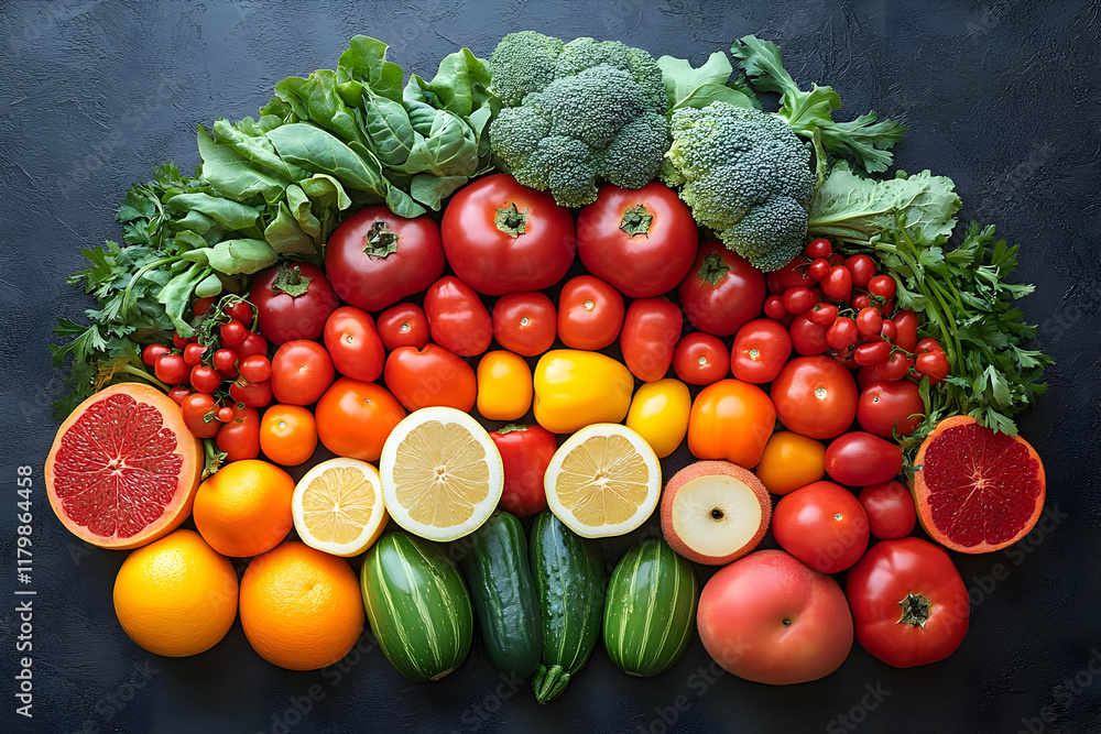 Vibrant Rainbow of Fresh Fruits and Vegetables: A Healthy and Colorful Food Composition Vibrant Rainbow of Fresh Fruits and Vegetables: A Healthy and Colorful Food Composition