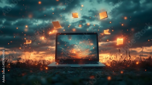 Dreamlike Setup with Glowing Elements Hovering Around Laptop