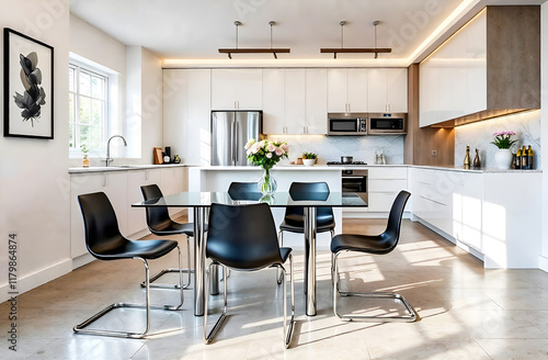  interior design of the kitchen in techno style, a dining table with a glass top and chrome legs and chrome chairs with black plastic seats 