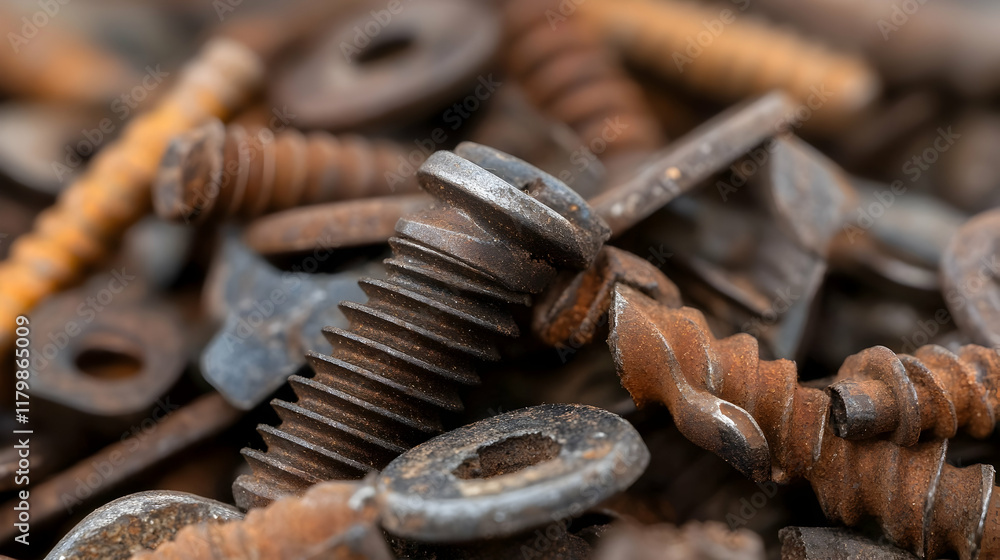 Close-Up View of Rusty Screws, Bolts, and Nuts in a Pile on a Wooden Surface Close-Up View of Rusty Screws, Bolts, and Nuts in a Pile on a Wooden Surface