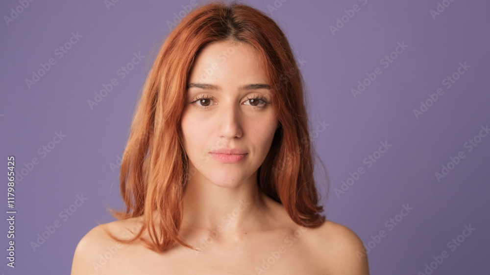 Close-up of red-haired woman looking at camera on purple background. Beautiful girl poses in studio with blank space on violet wall for your promotion Close-up of red-haired woman looking at camera on purple background. Beautiful girl poses in studio with blank space on violet wall for your promotion
