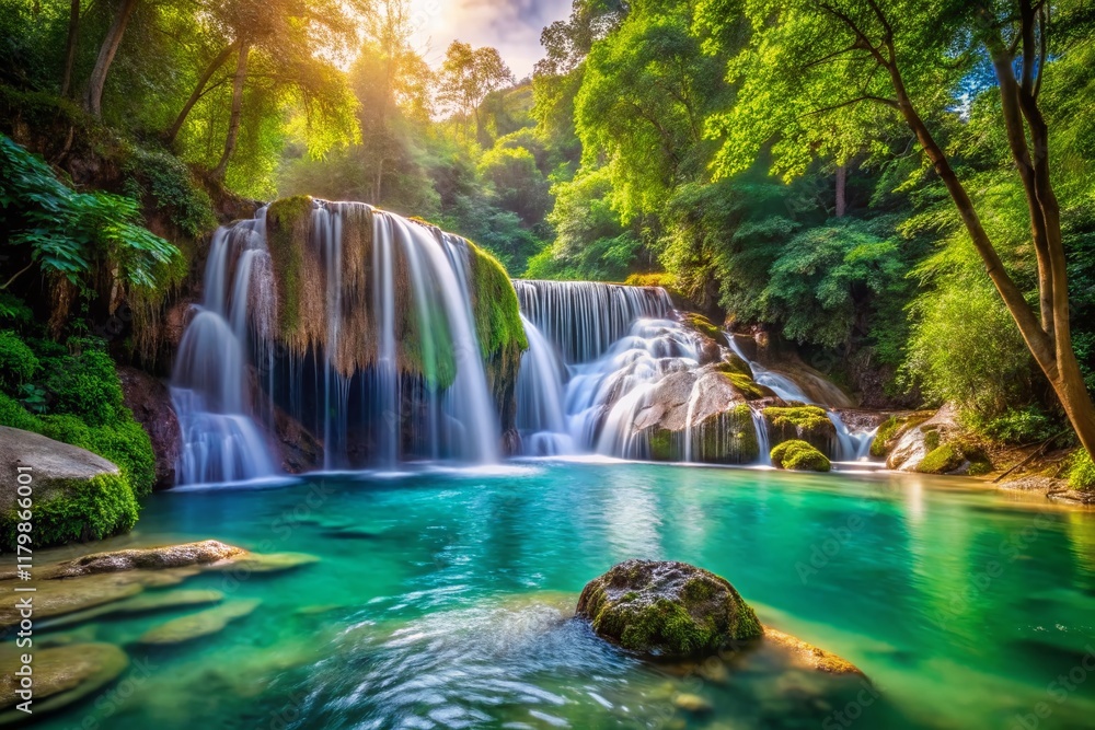 Fototapeta premium Majestic Waterfall Cascades into Serene Pool - Stunning Nature Photography