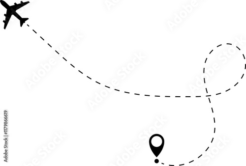 Airplane line path vector icon of air plane flight route with start point and dash dotted line trace. Love travel route. Airplane routes. Travel vector icon.