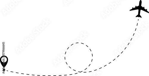 Airplane line path vector icon of air plane flight route with start point and dash dotted line trace. Love travel route. Airplane routes. Travel vector icon.