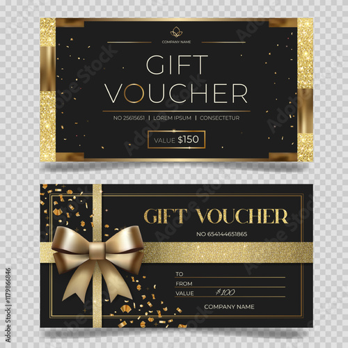 Set of luxury gift vouchers in black gold color. Elegant template for gift card, coupon. Stylish gift voucher. Promo or flyer offer