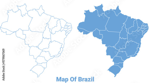 Brazil Blue map flat regions border outline vector illustration