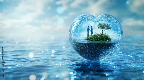 Wallpaper Mural A sparkling 3D Valentine's Day crystal ball containing a miniature couple holding hands on a heart-shaped island surrounded by shimmering water. Torontodigital.ca