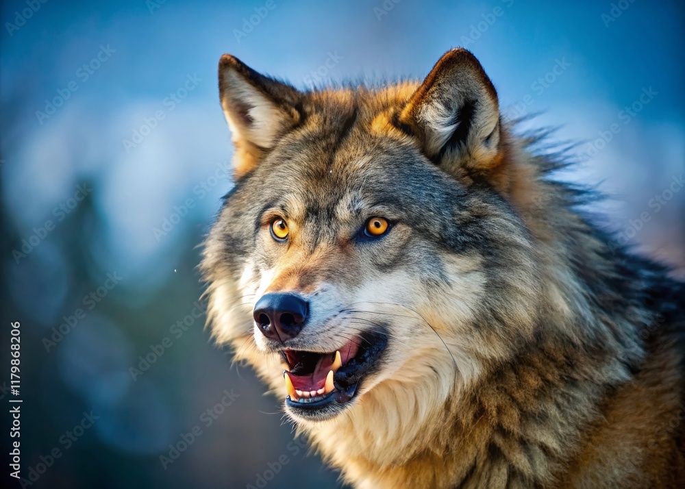Fototapeta premium Majestic Wolf Growling, Front View, Wild Animal Portrait, Copy Space